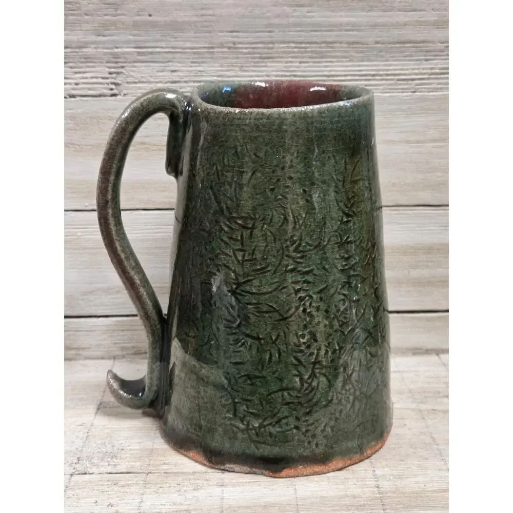 Studio Pottery Mug Green Stoneware Handmade Artisan Coffee Cup Signed A.H.